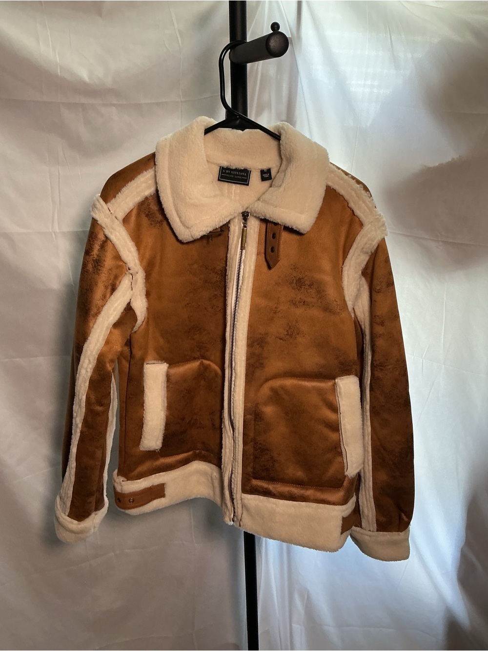 NWOT G by Giuliana Black Label Faux Suede Sherpa Trim Bomber Jacket Cognac Brown